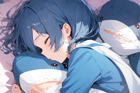 masterpiece, best quality, highres,
1girl, (solo),
asahi rokka,bed room,lying on bed,pajamas
, closed mouth, closed eyes,
hug, hugging ikea shark, blahaj, rubbing cheek, stuffed toy, shark, plush toy,
simple background,only one plush toy,
<lora:BlahajXL:1.5> ,<lora:lock:1>