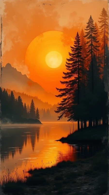 A serene landscape at dusk, featuring a large, glowing orange sun setting behind a silhouette of trees on the right side. The scene has an atmospheric, impressionist style, with soft blending of warm orange and deep black shades creating a dramatic contrast. The background displays subtle textures resembling aged paper, adding depth and warmth to the composition. Fragments of abstract brush strokes and wisps of fog hint at a mystical ambiance, enhancing the feeling of tranquility and solitude. Overall, the color palette transitions smoothly from vibrant oranges to muted blacks and grays, evoking a sense of peacefulness in nature.  bo-exposure, double exposure,