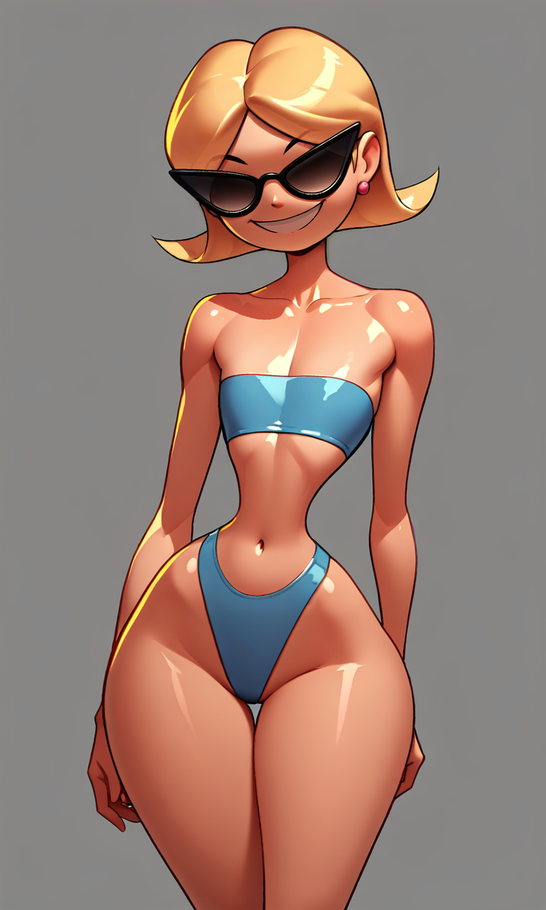 score_9, score_8_up, score_7_up, Sunny Miami, sunglasses, blonde hair, short hair, blue bikini, smile, curvy, narrow waist, wide hips, shiny skin, flat chest