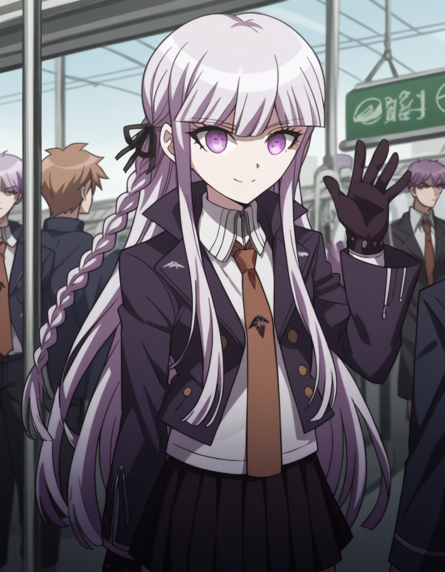 score_9, score_8_up, score_7_up, source_anime, <lora:kyouko-kirigiri-s1-ponyxl-lora-nochekaiser:1>, kyouko kirigiri, long hair, bangs, ribbon, purple eyes, hair ribbon, purple hair, braid, single braid, side braid,, skirt, shirt, gloves, long sleeves, jacket, white shirt, pleated skirt, open clothes, necktie, collared shirt, black skirt, open jacket, black jacket, black ribbon, brown necktie,, train station, waiting for train, suitcase, traveling, commute, city skyline, hands behind back,, smile, , hand waving, solo,, cowboy shot, dutch angle