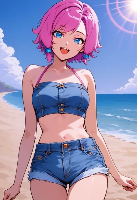 score_9, source_anime, 1girl, maeve, pink hair, short hair, blue eyes, beach, cowboy shot, happy, looking at viewer, lens flare, blue bikini, denim shorts
