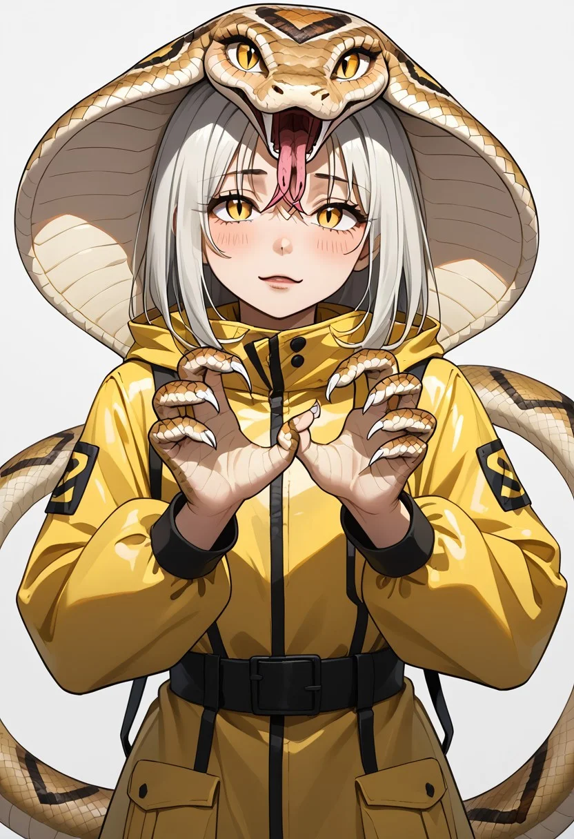 (anime), 1girl, vagabond, ragged raincoat, begging for donation, snake_hybrid, snake hands, snake eyes, iridescent, masterpiece, score_9
