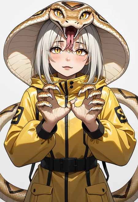 (anime), 1girl, vagabond, ragged raincoat, begging for donation, snake_hybrid, snake hands, snake eyes, iridescent, masterpiece, score_9