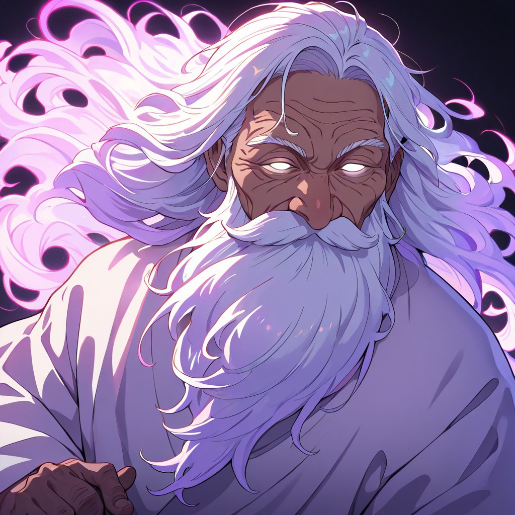 masterpiece, best quality, newest, absurdres, highres, NeoAV1.0, neon lights, ultraviolet light, 1boy, dark skin, dark skinned male, white hair, long beard, long hair, monk, white robe, white eyes, blind eyes, wrinkles, wrinkled face, wrinkled, wrikly, old, mature, old man