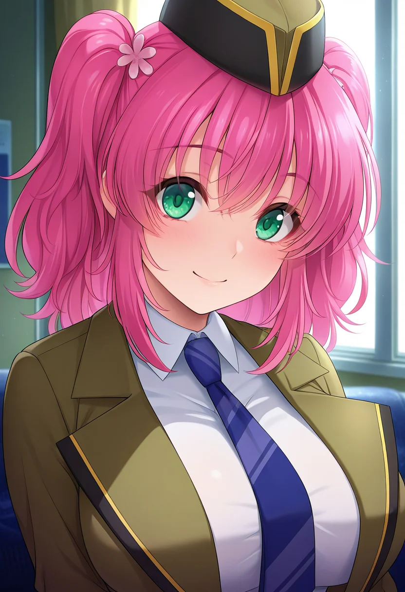 masterpiece, best quality, amazing quality, 1girl, solo, (portrait:1.2), akariww, green eyes, pink hair, medium hair, two side up, hair flower, large breasts, uniform, garrison cap, blue diagonal-striped necktie, green jacket, collared shirt, looking at viewer, smile, indoors, skindentation, detailed clothing folds, depth of field, sharp, high contrast, dynamic light <lora:Ooguro_Akari_Chikankyou3_ill:0.9>