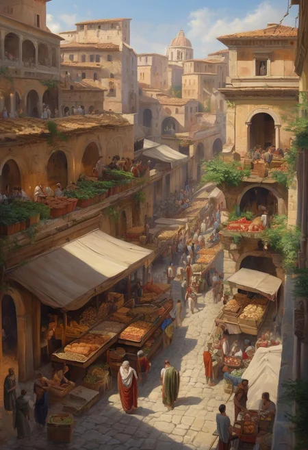 oil painting, An acnient roman city crowded with people, street pavimented, roman architecture, a market where people is selling food and other goods, viewded from a valcony, POV balcony, 34K uhd, masterpiece, high detail, 8k, intricate, detailed, high resolution, high res, high quality, <lora:add-detail-xl:1.8>, highly detailed, Extremely high-resolution details, fine texture,
