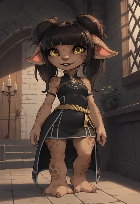 score_9, score_8_up, score_7_up, Asura, female, (Guild Wars:1.2), brown skin, spots, freckles, yellow eyes, black hair, double bun, twintails, floppy ears, 4 fingers, claws, shortstack, small body, short, medium breasts, round breasts, curvy,
black dress, standing,
detailed background, fantasy city,
<lora:Round_Breasts_XL_XV7:0.8> <lora:AsuraPony_v9d:0.8>