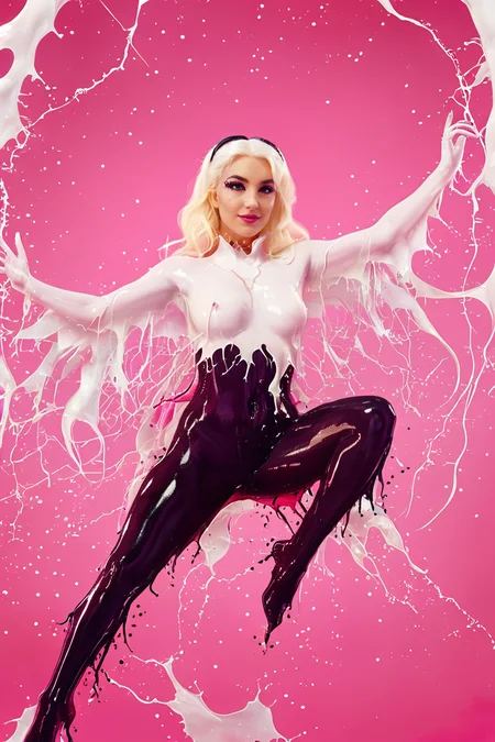 pinup of enchanting woman as spidergwen with white and black liquid splashes against a vibrant pink background <lora:aurumLight:0.8> . 35mm photograph, film, bokeh, professional, shot by graciela iturbide, 4k, highly detailed