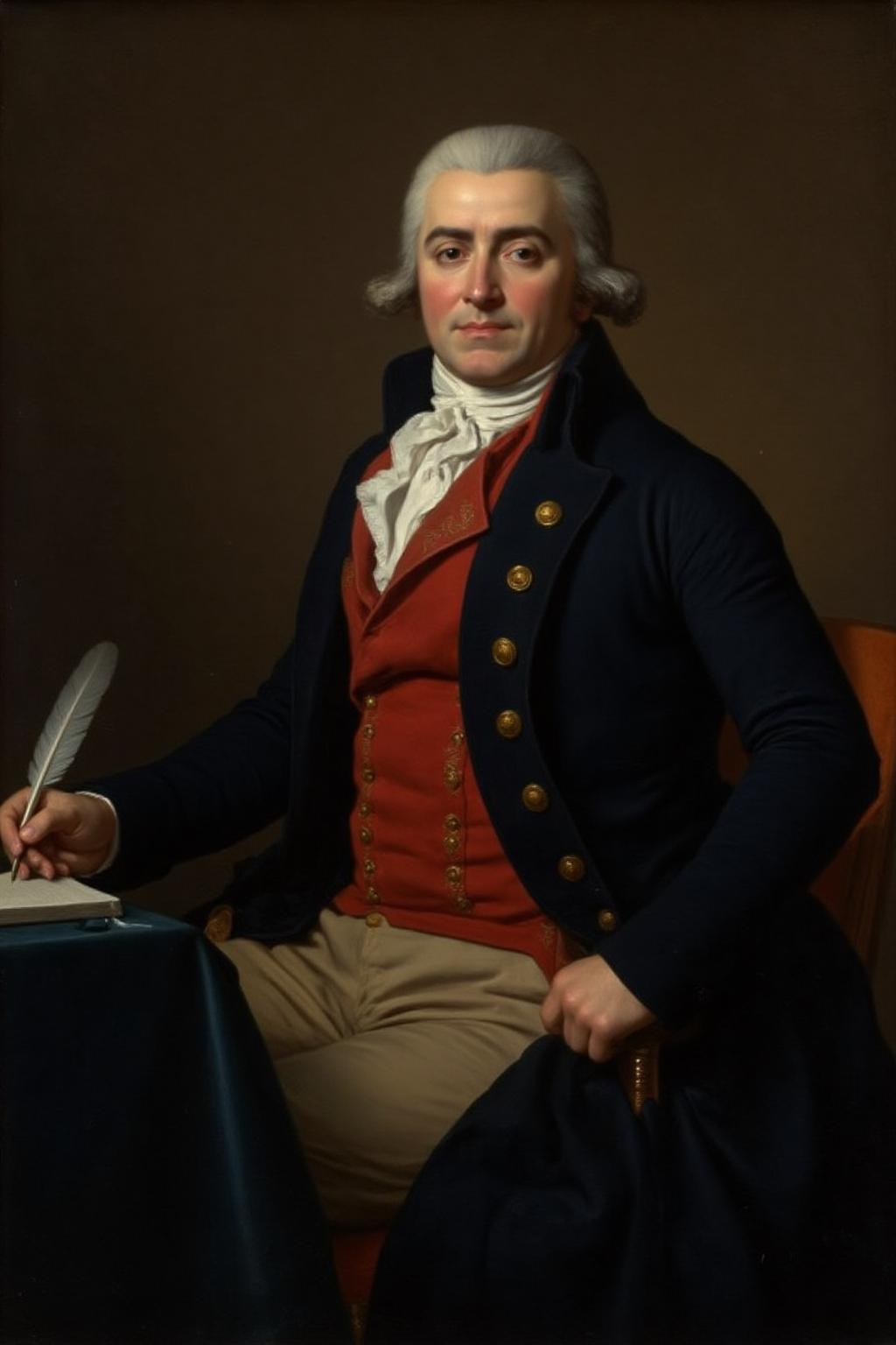 jldavid1 painting.
An man seated in a dignified pose, holding a quill pen. He has a pale, slightly lined face with a thoughtful expression, and he is wearing a powdered wig, typical of the late 18th century. His outfit is elaborate and consists of a dark navy blue coat with gold buttons, a white cravat, a red waistcoat, and beige trousers. The coat has a high collar and long, full sleeves, with intricate gold embroidery visible on the lapels. <lora:jldavid1_cap_d6a3:1.0><lora:815783923822089477:0>