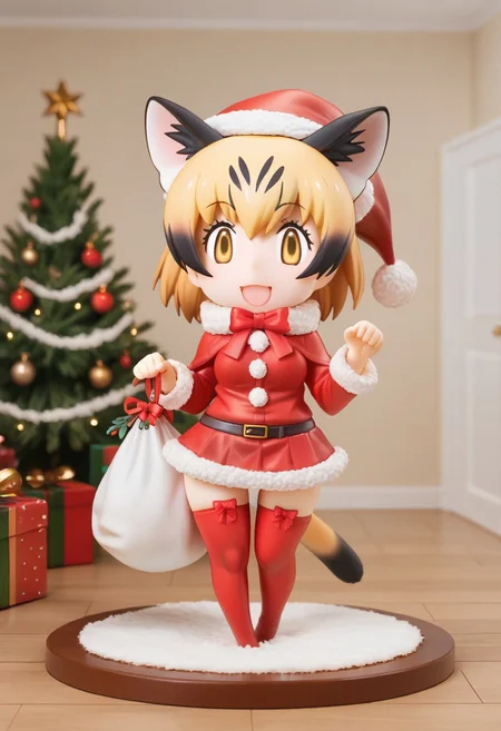 1girl, ((solo)), best quality, ultra-detailed, extremely detailed, perfect anatomy, masterpiece, score_9, score_8_up, score_7_up, Expressiveh, sand cat \(kemono friends\), 1girl, cat girl, cat ears, blonde hair, short hair, yellow eyes, cat tail, christmas tree, christmas decoration, christmas ornaments, underneath Christmas tree background, indoors, santa cosplay, santa outfit, santa hat, santa's sack, Christmas outfit, giant sack of presents, fully clothed, Christmas themed thighhighs, thighhighs, santa's sack of presents, red ribbon collar, Christmas presents, Christmas themed, living room, fireplace, (chibi), looking at viewer, smiling, eager, excited, happy, cute, adorable, surprised, hearts, shaking hips, hip sway, swaying hips, tail movement, tail_accessory, mistletoe_on_tail, mistletoe, dynamic lighting, looking at viewer, standing, standing on one foot, posing, paw pose,
