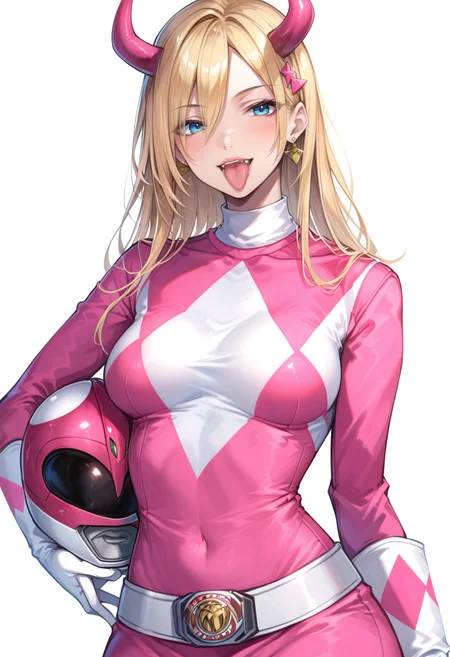 (score_9:0.9),score_8_up,score_7_up,rating_safe,anime style,(zPDXL),<lora:Pink Power Ranger ponyXL v2:0.86>,white_gloves,pink power ranger,pink motorcycle helmet,pink bodysuit,1girl,tongue,tongue out,solo,looking at viewer,teeth,white background,medium breasts,weapon,simple background,cosplay,helmet removed,horns,blonde hair,very long hair,gyaru,demon girl,