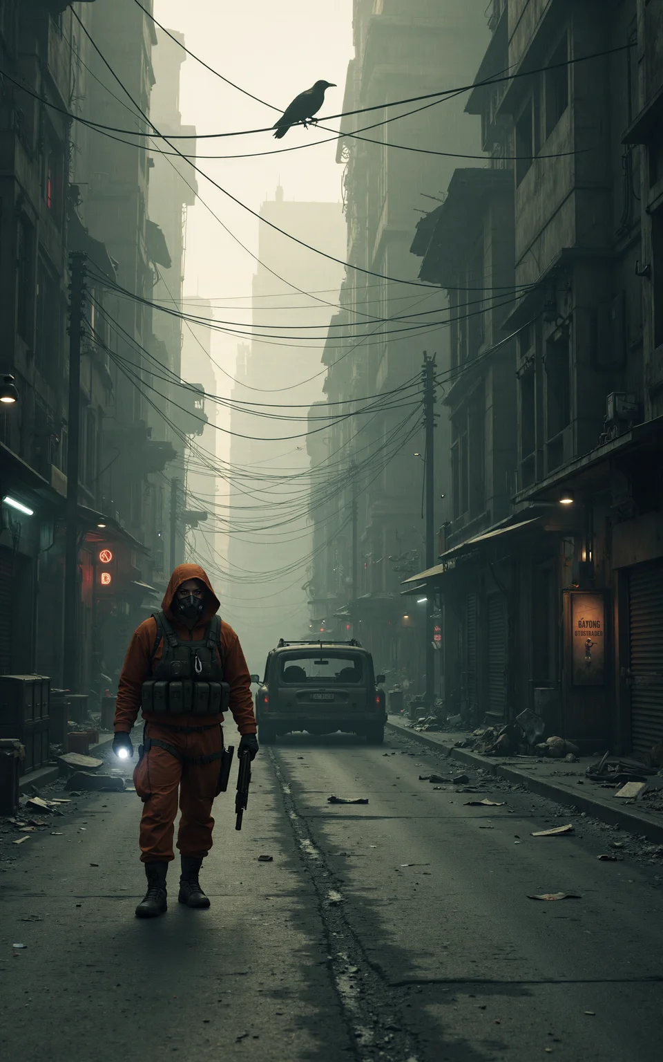 On an abandoned city street,ruins and debris are scattered everywhere. Dust drifts through the dim light,revealing that the once-thriving metropolis is now a thing of the past. Shattered storefront windows,collapsed streetlights,and cracked asphalt silently tell the story of a devastating catastrophe.A heavily armed rescue worker moves forward cautiously. He is clad in a thick biohazard suit,a tactical helmet,and a gas mask that obscures his face. In his hands,he grips a high-powered flashlight and a life detection device,meticulously scanning for any possible survivors. His movements are deliberate,and on his back,he carries a medical kit and weapons,prepared for any sudden dangers.In the distance,a rusted car still smolders,releasing thin trails of black smoke into the air. Overhead,a crow perches on a broken traffic light,letting out an ominous caw. This is a world of deathly silence,where the only sounds are the rescue workerâs breathing and the crunch of his boots against shattered rubble,breaking the suffocating stillness of this desolate place.,<lora:kcyberpunk-01:0.6>,kcyberpunk,
