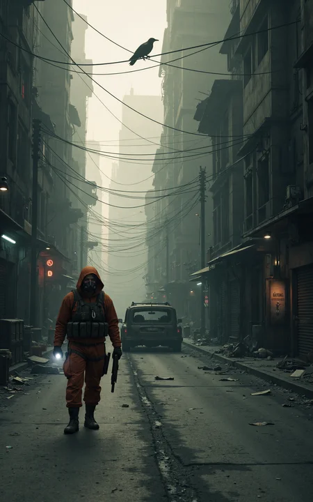 On an abandoned city street,ruins and debris are scattered everywhere. Dust drifts through the dim light,revealing that the once-thriving metropolis is now a thing of the past. Shattered storefront windows,collapsed streetlights,and cracked asphalt silently tell the story of a devastating catastrophe.A heavily armed rescue worker moves forward cautiously. He is clad in a thick biohazard suit,a tactical helmet,and a gas mask that obscures his face. In his hands,he grips a high-powered flashlight and a life detection device,meticulously scanning for any possible survivors. His movements are deliberate,and on his back,he carries a medical kit and weapons,prepared for any sudden dangers.In the distance,a rusted car still smolders,releasing thin trails of black smoke into the air. Overhead,a crow perches on a broken traffic light,letting out an ominous caw. This is a world of deathly silence,where the only sounds are the rescue workerâs breathing and the crunch of his boots against shattered rubble,breaking the suffocating stillness of this desolate place.,<lora:kcyberpunk-01:0.6>,kcyberpunk,