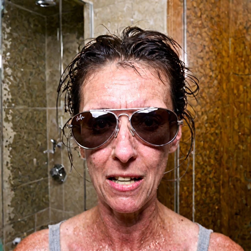 avigl45535, sunglasses, ugly, woman, in bathroom, in mountain top