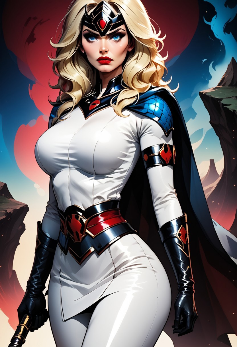 MILF, 32 years old, blonde hair, black leather vampire cape, sloppy wavy hair, sexy red boots, revealing outfit, red lips, mascara, eyelashes, hourglass figure, strong, big blue eyes, seductive, mature female, m1lfm3t3r, anezaki mamori, masterpiece, highest quality, realistic skin texture:1.5, high, tear shaped boobs, drow ranger, drow ranger \(dota2\), Masterpiece, 32k, photorealistic:1.4, score_9, score_8_up, score_7_up, huge boobs, small waist, wide hips, high cheekbones, oval face, slim waist, wide hips, thick thighs, full hips, DARK SIDE \(PICTURE BOOK\), NO FACE, colorful background, vivid colors, volumetric light, cinematic light, extremely detailed, bgbrda, top, bodysuit, helmet, armlet, bracelet, gloves, chainmail, skirt, boots, holding weapon, holding rod.