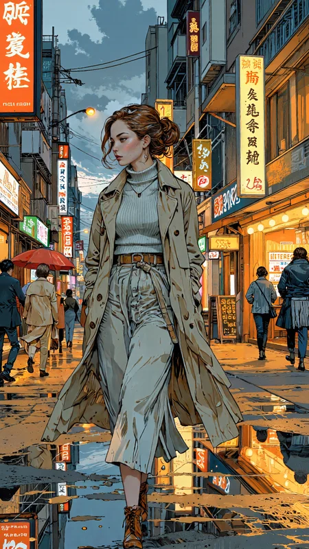 High-resolution realistic anime-style illustration with strong impressionistic brushstrokes, vibrant yet atmospheric lighting. A young woman walks through a bustling city street at dusk, the fading sunlight merging with the glow of neon signs and streetlamps, their colors bleeding softly into the misty evening air. The scene is alive with fluid, painterly textures, where the boundaries between light and shadow dissolve into rich, expressive strokes.
She wears a light, oversized trench coat, loosely cinched at the waist over a simple cropped sweater and flowing midi skirt, the fabric catching the wind in soft, abstract gestures. Her chestnut-brown hair, styled into a loose, wispy updo, reflects the golden hues of the city lights, while her soft, thoughtful gaze lingers on something unseen in the distance.
The wet pavement shimmers with distorted reflections, as moving figures blur into the background like shapes in an impressionist painting. Raindrops from an earlier shower leave glowing ripples in puddles, their shifting patterns mirroring the pulse of the city. The entire composition embraces expressive color blending and dynamic lighting, evoking a sense of nostalgia, movement, and fleeting urban beauty <lora:Illustration_Style_IV:0.8> <lora:Blue_Future:1.0> <lora:FluxMythV2:0.7000000000000001>