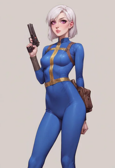 score_9, score_8_up, score_7_up,core_9, score_8_up, score_7_up, score_6_up, score_5_up, score_4_up fallout,vault uniform,1girl,solo,looking at viewer,pink eyes,white hair,lips,bodysuit,science fiction,holding gun, yellow utility belt, Leather armor,<lora:fallout_xl:0.8> <lora:add-detail-xl:0.6> [small:0.9] breasts,white skin, looking at viewer, lithe, BREAK, fallout, vault uniform, wasteland, pink eyes, 33, bldrnrblstr, holding a gun, wearing a Vault Suit, with Leather Armor, and a PipBoy on her wrist