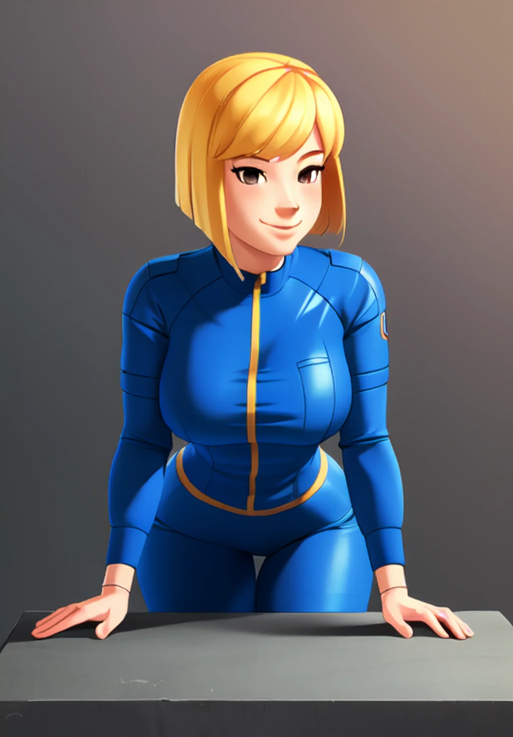 sfw, <lora:vault-girl:0.8>, vault-girl, 1girl, solo, smirk, leaning forward,, (masterpiece, best quality, absurdres, detailed, ultra-detailed:1.3), attractive, (trending on CGSociety, trending on pixiv, contest winner:1.3)