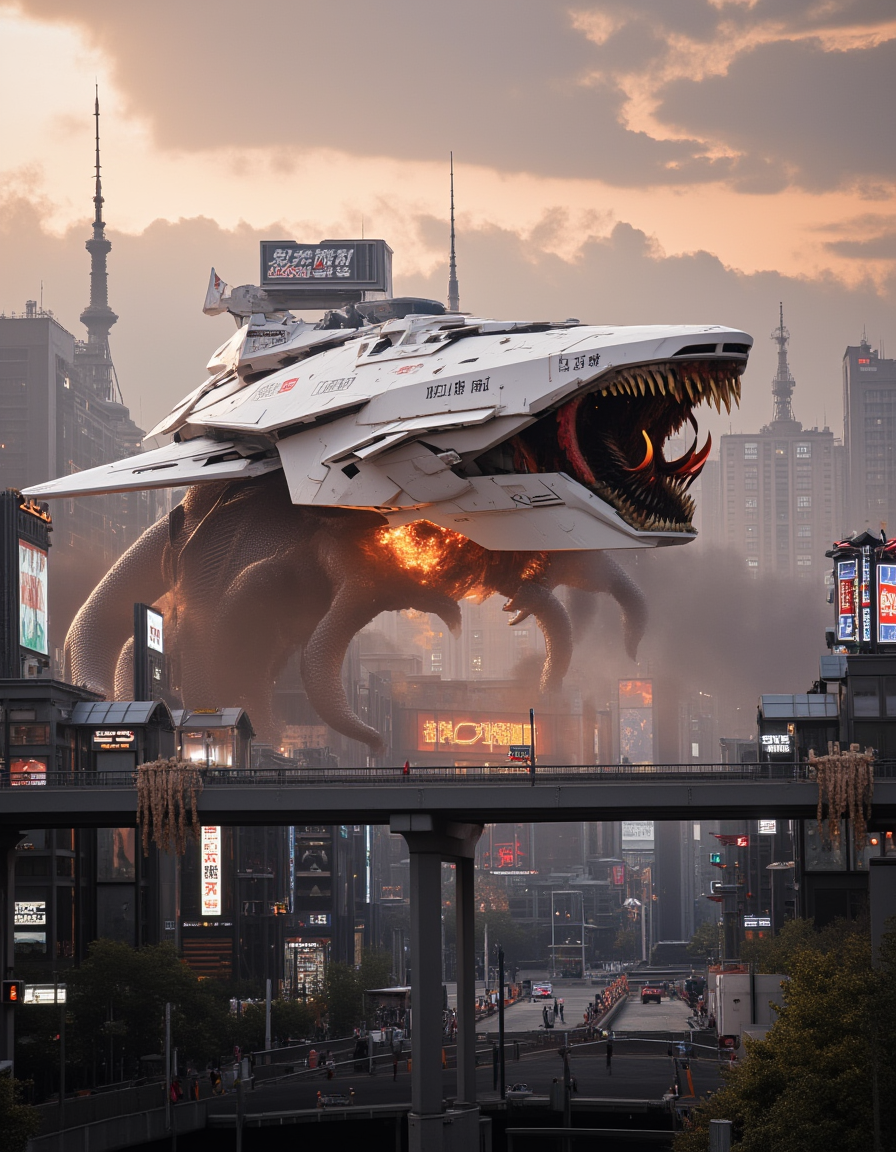 <lora:City_Worlds_01_Effects_fluxc:1> photo, citybkg, cyberpunk, ambiance, clouds, white design spaceship, very detailed, design buildings, mega structures, futuristic, side view, high buildings, illuminated, city lights, white design spaceship closeup, billboards on buildings, street, signs, shops, illuminated, kanji, bridges, realistic photo, red war paint, HID16, hell monster, open jaw, glowing eyes, furious, breaking in, burning, enormous, huge, living ship with tentacles, dusk, epic, fantasy, futuristic, haze in the far background, epic scale, fantasy, fire sky, cyberpunk metropolis, orange clouds,