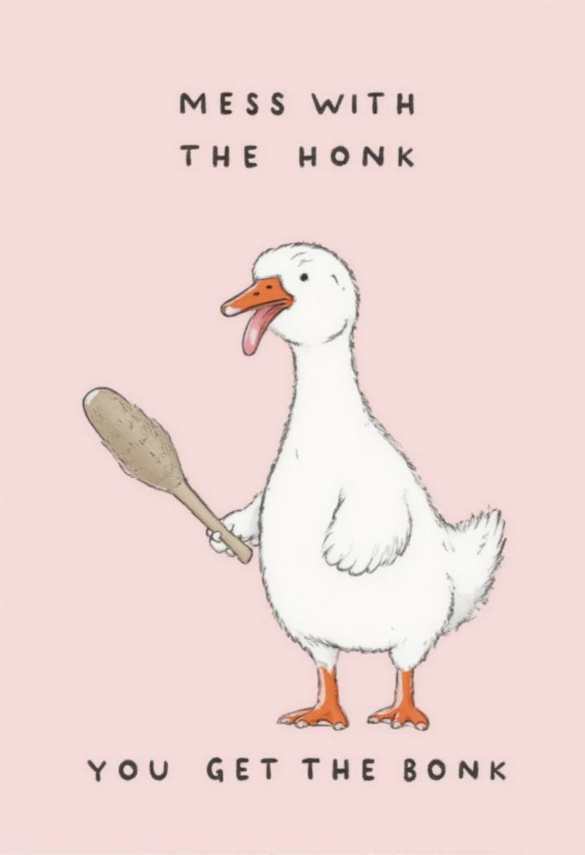 A minimalist cartoon illustration of a white goose standing upright, holding a wooden bat in its beak, with orange feet and an expressive face. The background is pastel pink, creating a clean and vibrant contrast. Above and below the goose, text reads 'MESS WITH THE HONK' and 'YOU GET THE BONK' in a simple, hand-drawn font, emphasizing the humorous and light-hearted tone of the image. The goose's pose and bat suggest playfulness with a hint of mischief, while the overall style is flat and uncluttered, perfect for casual, fun artwork.