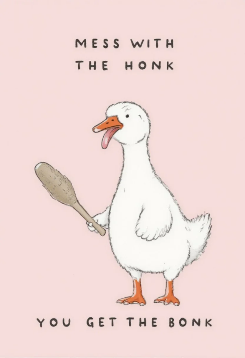 A minimalist cartoon illustration of a white goose standing upright, holding a wooden bat in its beak, with orange feet and an expressive face. The background is pastel pink, creating a clean and vibrant contrast. Above and below the goose, text reads 'MESS WITH THE HONK' and 'YOU GET THE BONK' in a simple, hand-drawn font, emphasizing the humorous and light-hearted tone of the image. The goose's pose and bat suggest playfulness with a hint of mischief, while the overall style is flat and uncluttered, perfect for casual, fun artwork.