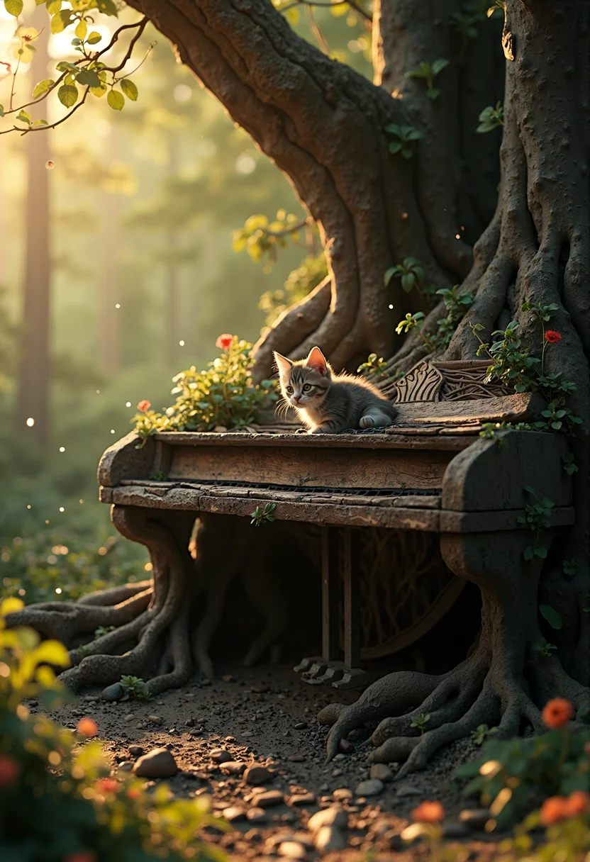 This is a highly detailed digital artwork in a hyperrealistic style, a surreal cinematic masterpiece during golden hour. The scene depicts a crumbling grand piano abandoned in the ruins of an old stone house forgotten deep in the woods, a small kitten lying peacefully on the crumbling piano, staring at the viewer, it seems tiny on such a large crumbling piano. The broke, worn and disjointed piano blends seamlessly into the natural environment, its wooden frame covered in greenery. The cabin is completely invaded by nature, with lush vegetation, colorful flowers, and invasive roots scattered across the ground and walls, creating an organic decor. Suspended particles are illuminated by the setting sun's rays, adding a magical atmosphere. Behind the crumbling piano, a tree has grown, its trunk and roots intertwining with the instrument, giving the impression that the piano, tree, and roots are one. The roots extend, enveloping the piano and blending with it, as if nature is reclaiming its space. The once-elegant curves of the piano are now indistinguishable from the tree's bark, creating a harmonious fusion of man-made and natural elements. The cute little kitten lying peacefully on the piano, staring at the viewer, a perfect little head with beautiful fur gives the scene bathed in the warm and enchanting light of the setting sun, a magical and fairy-tale atmosphere.