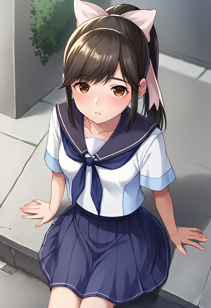 score_9, score_8_up, score_7_up, masterpiece, source_anime 1girl, ct_m4na, long hair, ponytail, hair bow, white serafuku, short sleeves, blue sailor collar, blue neckerchief, blue skirt, outdoors, city, depth of field, looking at viewer, cowboy shot, sitting, from above, looking up, <lora:Manaka Takane_Pony_ct_ver2:1>