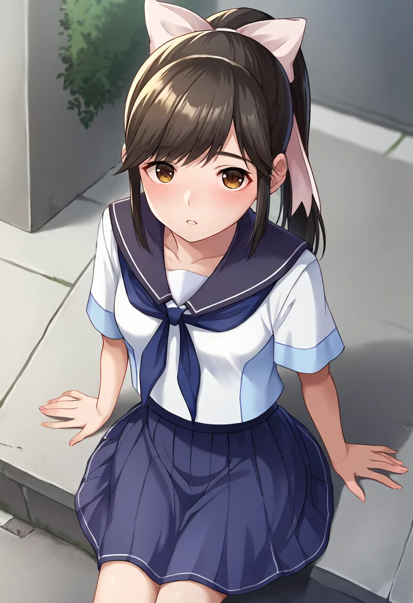 score_9, score_8_up, score_7_up, masterpiece, source_anime 1girl, ct_m4na, long hair, ponytail, hair bow, white serafuku, short sleeves, blue sailor collar, blue neckerchief, blue skirt, outdoors, city, depth of field, looking at viewer, cowboy shot, sitting, from above, looking up, <lora:Manaka Takane_Pony_ct_ver2:1>