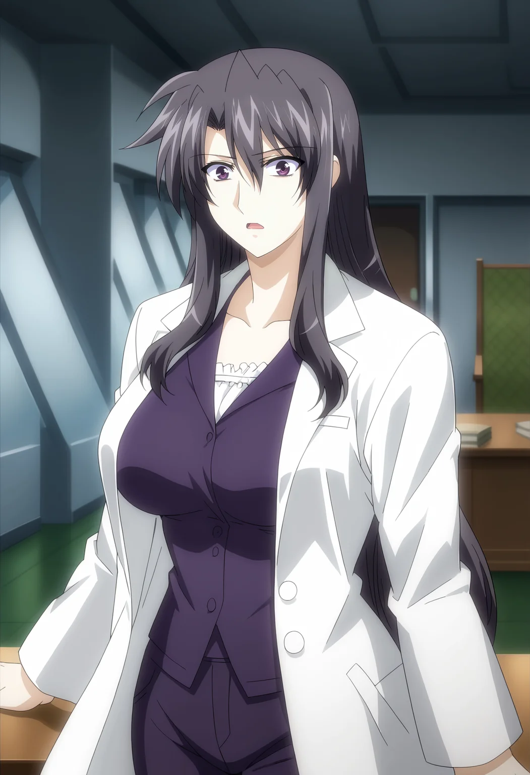 <lora:Precia_Testarossa-Mahou_Shoujo_Lyrical_Nanoha:0.9>,Precia Testarossa,mature female,1girl,solo,long hair,black hair,purple eyes,large breasts,shirt,pants,lab coat, looking at viewer, surprised, cowboy shot, indoors