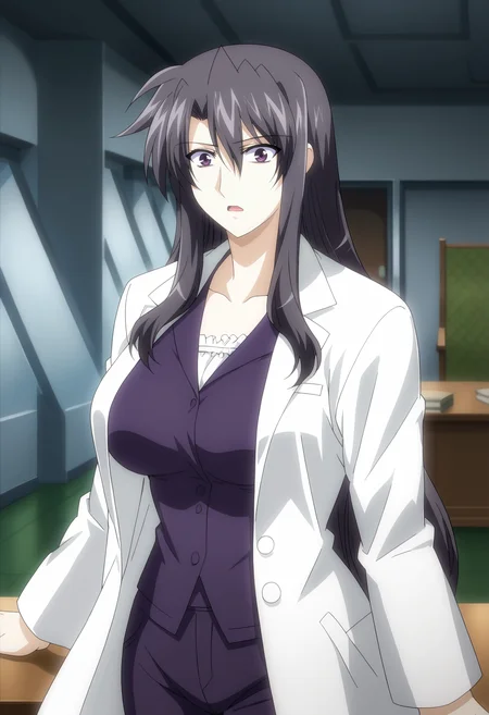 <lora:Precia_Testarossa-Mahou_Shoujo_Lyrical_Nanoha:0.9>,Precia Testarossa,mature female,1girl,solo,long hair,black hair,purple eyes,large breasts,shirt,pants,lab coat, looking at viewer, surprised, cowboy shot, indoors