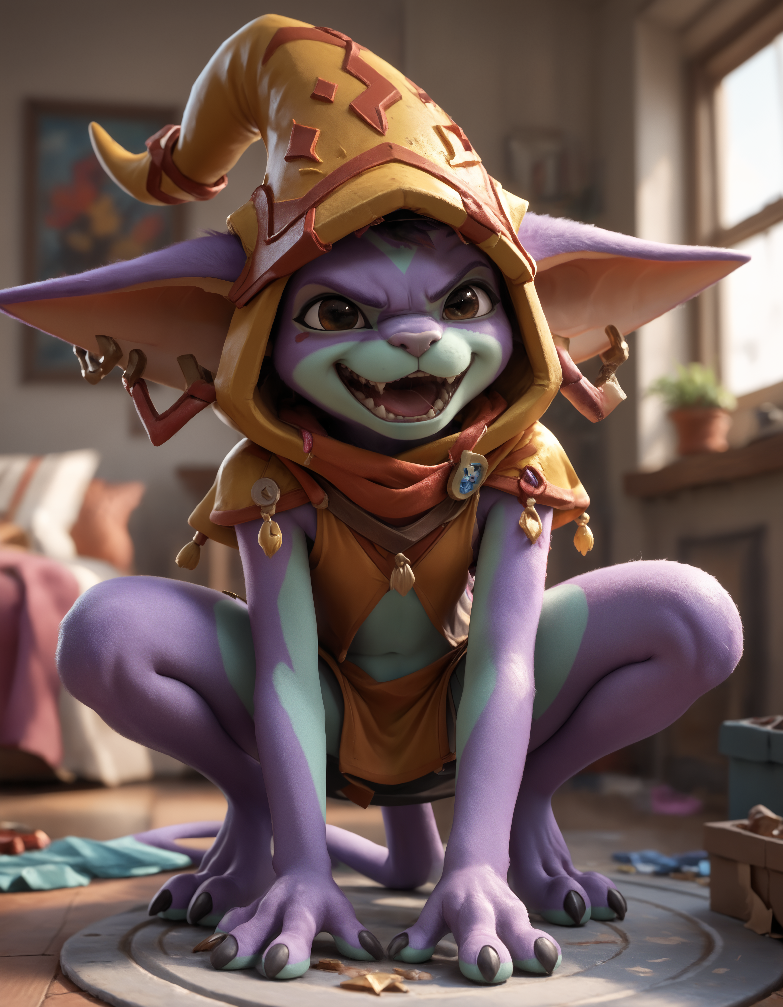 score_9, score_8_up, score_7_up, BREAK (anthro, furry:1.1), depth of field, cinematic lighting, masterpiece, detailed hands, detailed face, best quality, ultra realistic, 4k, 2k, film photography, RAW photo, photorealistic, analog style, subsurface scattering, photorealism, embedding:unaestheticXL_bp5, embedding:zPDXL,(best quality, high quality, 8K:1.5), <lora:add-detail-xl:2.5>, <lora:fix_hands.safetensors:2.0>, <lora:2.5DRealisticV2.safetensors:0.2>, <lora:sinfully_stylish_SDXL.safetensors:0.6>,  <lora:AdvancedEnhancerXLv2.safetensors:1.0>, (hi res), ((masterpiece)), ((best quality)), illustration, <lora:Mozu_Gigantic-000010.safetensors:0.7>, anthro, furry, (mozu, 3 fingers, 3 toes, mammal, brown hair, big ears, multicolored body:1.15), 3 toes, yellow headwear, black eyes, multicolored body, open mouth, hat, looking at viewer, red hair, hood, completely nude, the pose, body fur, purple skin, navel, 3 fingers, long tail, sharp teeth, claws, full body,  (close-up, crouching lend a helping hand looking at other, messy room, dress, angry:1.15)
