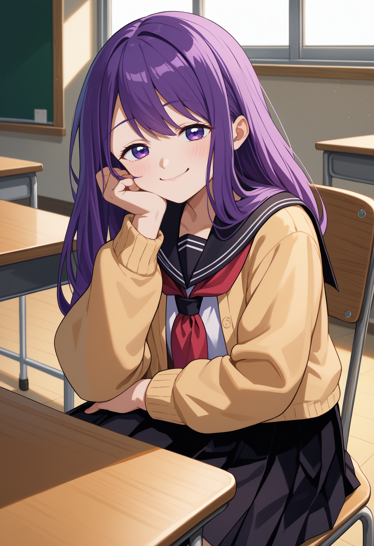 score_9, score_8_up, score_7_up, source_anime, <break> solo, 1girl, kubo nagisa, smile, looking at you, sitting, chair, head rest, long hair, purple hair, purple eyes, school uniform, serafuku, yellow cardigan, open cardigan, white shirt, black sailor collar, red neckerchief, long sleeves, black skirt, pleated skirt, indoors, classroom
<segment:yolo-face_yolov8m.pt,0.4,0.5//cid=1>