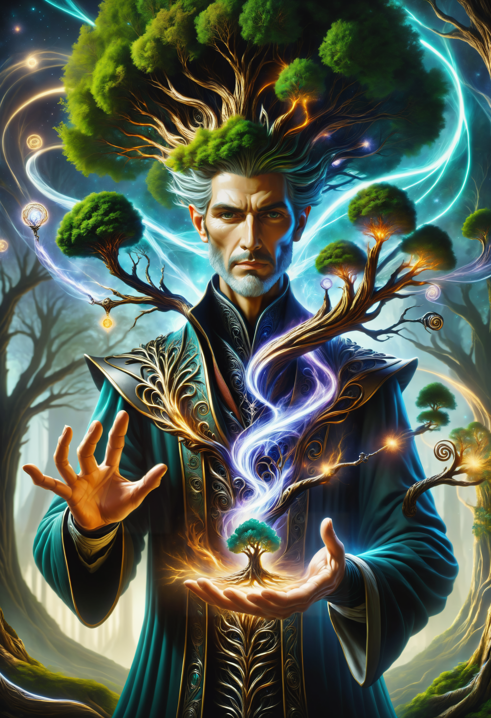 hyper detailed masterpiece, dynamic, awesome quality, a male magus conjuring pneumatic tree DonMM4g1cXL magic, wand <lora:DonMM4g1cXL_v1.2:1>, Perfect Hands,  <lora:Perfect Hands:1>