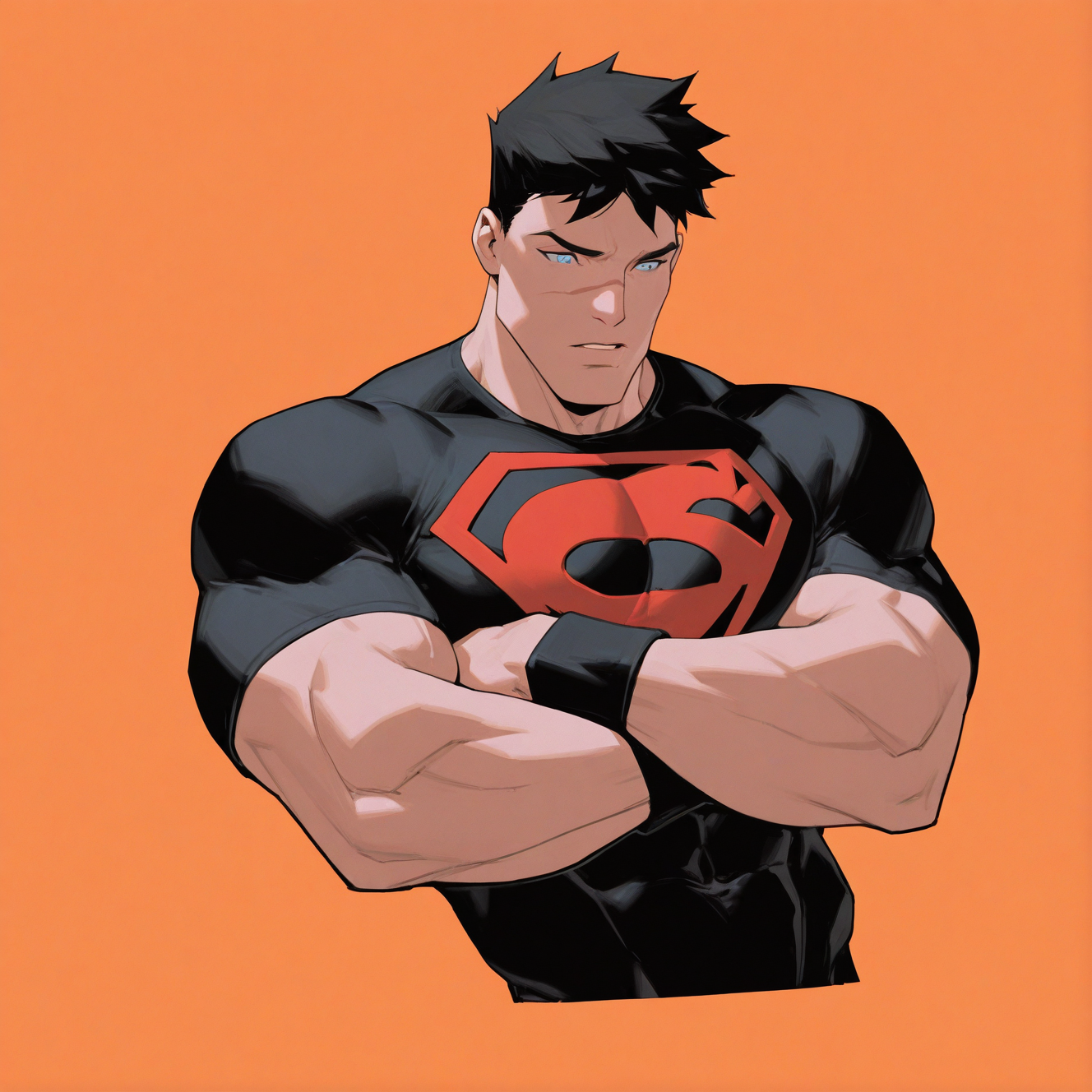 <lora:CONNER_KENT:1>conner, solo, short hair, blue eyes, shirt, black hair, 1boy, upper body, male focus, short sleeves, parted lips, black shirt, muscular, scar, muscular male, pectorals, crossed arms, spiked hair, t-shirt, wristband, scar on face, tight clothes, covered abs, tight shirt, simple background, orange background, superhero
,dynamic view, detailed background, motion blur, film grain, abstract, natural lighting, fantasy, cinematic, dynamic view, very awa, masterpiece, best quality, absurdres, newest, perfect quality, detailed background, intricate details, (artist:fl \(l-fl\):0.7), (artist:tooboshoo:0.7), (artist:dizdoodz:0.8)