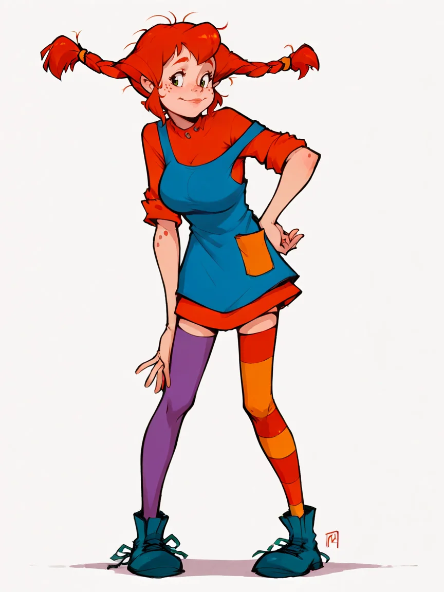 score_9, score_8_up, score_7_up, score_6_up, score_5_up,  <lora:PippiXLP:1> twin braids, pippi, 1girl, solo, orange hair, freckles, multicolored legwear, dress, large breasts, thighhighs,