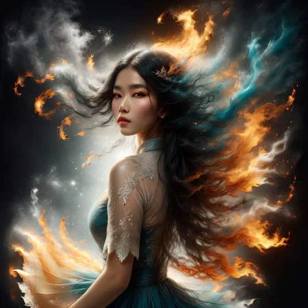 (Masterpiece, high quality, best quality, official art, beauty and aesthetics:1.2), composed of fire elements, extremely detailed Alcohol ink, windy, rimlit, beautiful Chinese goddess wearing a dissolving hanfu in flames, silhouetted and backlit by the light of a huge full moon. Holding a transparent, lacy fan. Backlight shines through her long, wavy black hair. A long, delicate, transparent, ornate, intricate silk gown caught by the breeze trails out around her. The gown is on fire, giving off flames and sparks, and dissolves into tendrils and swirls of smoke dispersing in the breeze. Rim lighting highlights her diaphanous gown. Long tresses of swirling black hair, luxurious and wavy, backlit by the light of the full moon, with rim lighting highlighting its intricate details. A delicate, transparent kung fu fan, elaborately decorated with lace and floral patterns, on fire. She fans the smoke, and sparks. A black background with a huge full moon provides ethereal backlighting, shining through the silk gown and hair of the goddess. A mystical night scene with flowing light strands and sparks against a black background. Swirling particles of light surround the goddess. Dominant colors of cream, amber, scarlet, ember, teal, and black, creating a beautiful, mysterious, and ethereal atmosphere.