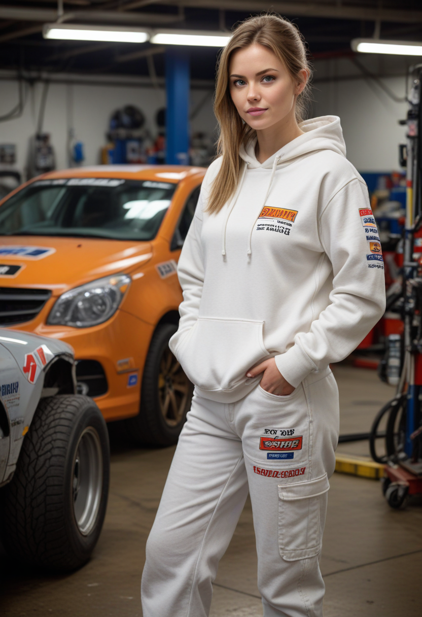 (medium full shot) of (brawny mechanic) young woman, swedish, blue eyes, fair skin, fair skin, light brown eyes, Average build, medium dark shag cut hair,  wearing a white hoodie,rugged pants,heavy-duty sneakers, holding a rag, dirty with oil and grease, set in  Pit Stop Garage, large area with race cars, tool benches, tire racks, a fueling station, mechanics in team uniforms working on cars, a whiteboard with race strategy, at night, woman surprised, open mouth, pointing her finger at the viewer, Masterpiece,best quality, photorealistic, amazing quality, very aesthetic, extremely detailed face,