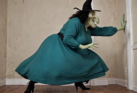 score_9, score_8_up, score_7_up BREAK WitchHazel, 1girl, black hair, black eyes, green skin, green skintone, green body, single lower bucktooth, long nose, black witch hat, long-sleeved teal shirt, teal skirt, white victorian bloomers, long black high-heeled boots, elderly, mature woman, elderly woman, 3d, source_3d, photorealistic, witch cover, coven, female, female focus, scary witches coven indoors, dark coven background, dynamic angle, dynamic pose, magic, creepy, scary, terifying,