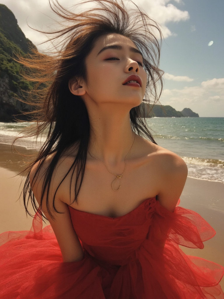 There are wonderful studio lights and various reflections,
18yo beautiful cute girl with blushing and female orgasm.skin naturally showing the texture of blood vessels and detailed pale skin,
--,
<lora:Kudo_Shizuka_f1_rank2_bf16:1>,she is Kudo Shizuka
--, This is a surreal Gothic style art photo. She is wearing a red off-shoulder tulle dress. The wind is blowing, and her long hair is fluttering in the wind. It is sunny and rainy, and the heavy rain wets her beautiful face. The background is huge waves and the Tyndall light shining through the clouds.,,