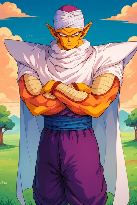 score_9, score_8_up, score_7_up, score_6_up BREAK orange piccolo, 1boy, male focus, solo,yellow skin, pointy ears, red eyes,(white turban), purple pants, crossed arms, standing, purple dougi,white cape,outdoors, grass, tree,mature male,yellow patches, cloudy sky,blue sky,blue sash,looking at viewer, shoulder pads,turban <lora:PiccoloPonyV2:1>
