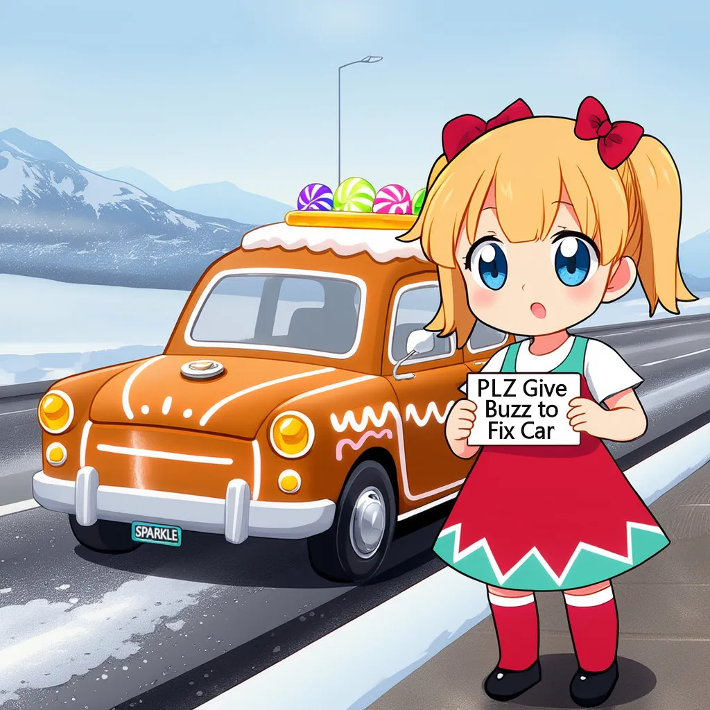 the image is an anime screencap of a whimsically decorated Cartoonish gingerbread car pulled on the shoulder to the side of the highway, it looks like a broken down Fiat 126 with flat tire, with colorful candy and frosting accents.

prominently featured close in a three-quarters shot in the foreground of the image on the right side is a chibi tsundere girl with big blue eyes and blonde twintails wearing a santa dress with a teal triangle geometric border, red zettai ryouki thighhigh socks, standing in front of the candy car on the side of the highway in winter, she is holding sign that says "PLZ Give buzz to fix car"