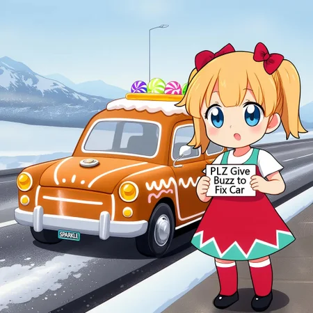 the image is an anime screencap of a whimsically decorated Cartoonish gingerbread car pulled on the shoulder to the side of the highway, it looks like a broken down Fiat 126 with flat tire, with colorful candy and frosting accents.
prominently featured close in a three-quarters shot in the foreground of the image on the right side is a chibi tsundere girl with big blue eyes and blonde twintails wearing a santa dress with a teal triangle geometric border, red zettai ryouki thighhigh socks, standing in front of the candy car on the side of the highway in winter, she is holding sign that says "PLZ Give buzz to fix car"