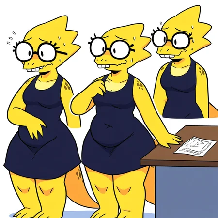 Alphys, Reptile, Dress, Round Glasses, Spiky Hair, BuckTeeth, looking Dizzy, Messy Table, Giant Tummy