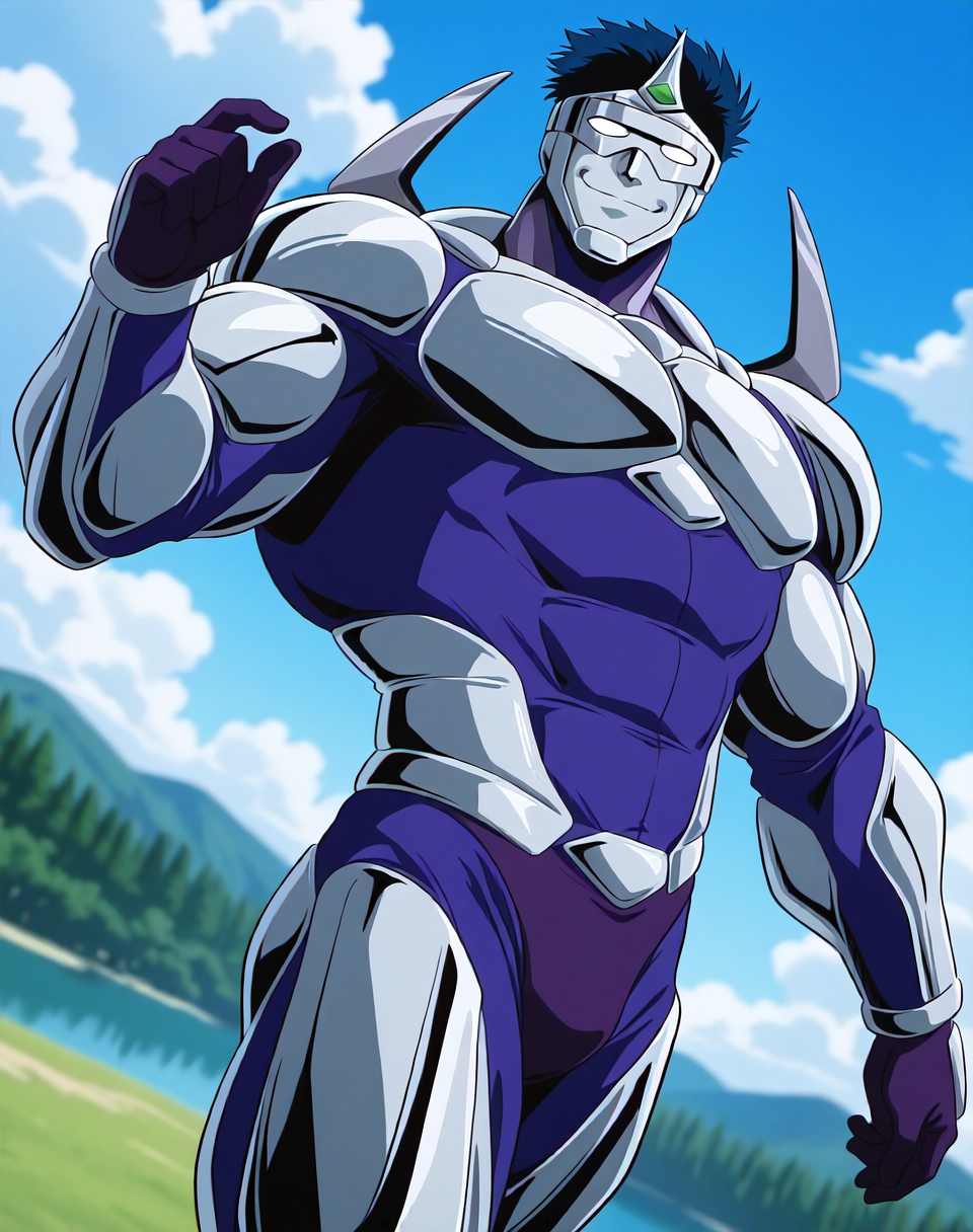 <lora:Airis_(Shinzo)_(Illustrious)_(AD):1.35> Airis, muscular, Shinzo, 
exterior, vivid anime blue sky with detailed clouds, forest, lake, 
dynamic action, dutch angle, solid white eyes, smile, solo, eye mask, cowboy shot, bent leg, metal body, metal skin, hyper glossy body, hyper glossy ski, evil villain, smirk, 
large biceps, large muscular shoulders, large muscular arms, large muscular thighs, 
BREAK: very awe, aesthetically pleasing, masterpiece, best quality, amazing quality, very aesthetic, perfect depth of field shot, subsurface reflections, gradient coloring, 
BREAK: lazympos, lazypos (3),