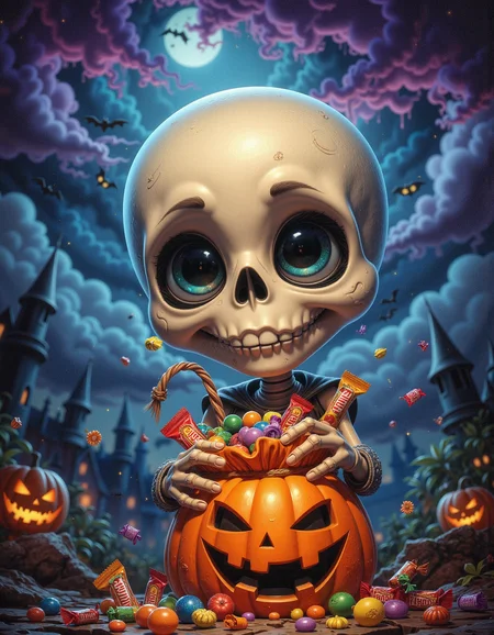 Halloween themed, dark sky filled with ominous clouds, earie painting of a cute skeleton holding a trick or treat bag overflowing with candy, <lora:sxz-Dark-Fantasy-v2-Flux:0.8> drkfnts style, <lora:Cute_3d_Cartoon_Flux:.4>