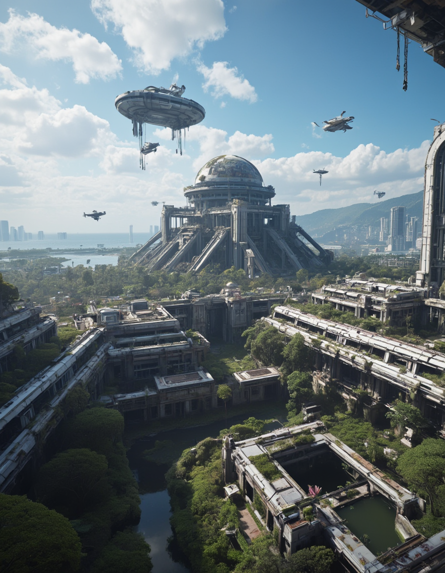 <lora:SWL_Stations1flux:1> lostst1, photo, field of view, cyberpunk, sea, abandoned cityscape, aerial view, scientific complex