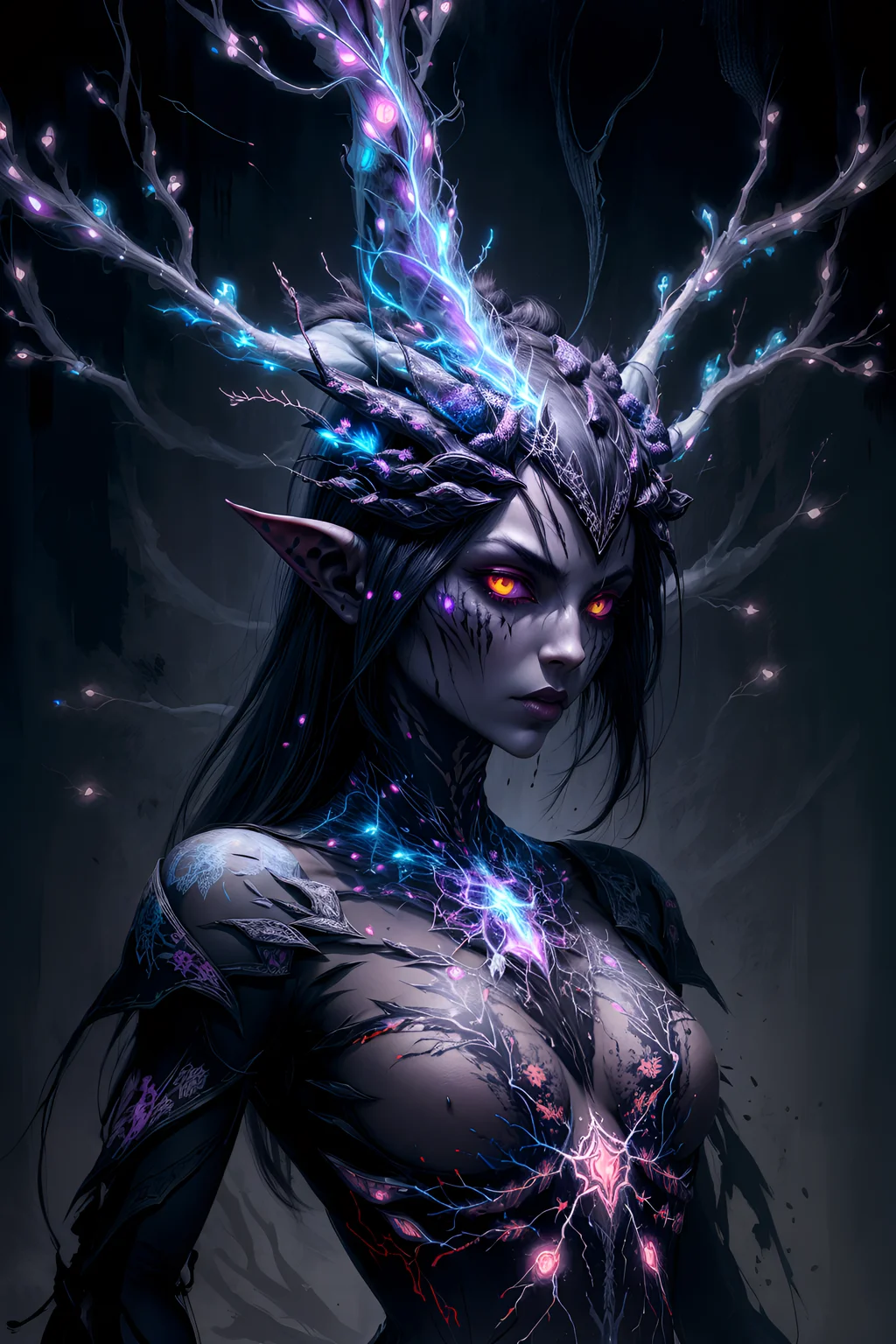((painting of a dark elf with two-tones splatters)), (portrait), ash thorp, glowing neurons, hightly detailed, elegant drawing, unique painting, intricate painting, (neurons pattern:1.4), (masterpiece), (best quality), (sharp details), <lora:add_detail:0.8>