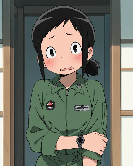(masterpiece:1.4), (best quality:1.4),  very aesthetic, newest,best quality, amazing quality, absurdres,
amakasu_hisone, 1girl, solo,  blush, short hair, ponytail,  black hair,  black eyes, sidelocks,
military uniform,  jumpsuit,green pants,one wristwatch, 
upper body,shy,open mouth,wavy mouth,
 <lora:hisone:1>
looking at viewer