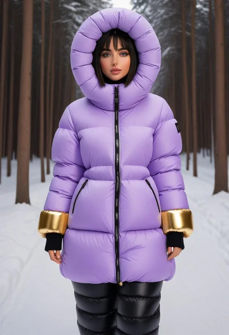 ((((puffer padded jacket)))), ((((puffer padded coat)))), ((((full body)))), ((((fur boots)))), ((((puffer pants)))), ((((puffer hood up)))), winter, snow, forest, 1girl, solo, (masterpiece), detailed face, detailed eyes, (beautiful detailed eyes:1.5), sidelighting, (super detail, hyper detail, intricate_details, detailed), (semi realistic:1.6), (Bob cut), blunt bangs,(black hair), (purple eyes, eyelashs), smug smile, angry face, Golden jewelery, golden rings, golden necklace, golden armlets, padded cuffs, padded collar, Thick padded cuffs, Thick padded collar, <lora:Collar-SDXL:0.6>, <lora:Cuffs-SDXL:0.6>, <lora:Puffer_Jacket_and_Down_Jacket_-_Extra_Puffy_Jackets:0.4>, <lora:snowpants_v1:0.4>