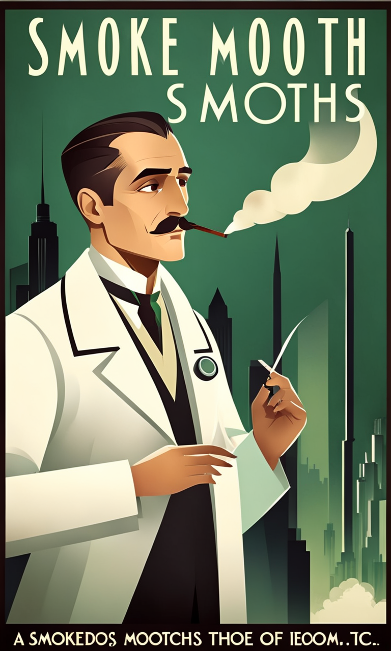 a doctor smoking a cigarette, Text:" Smoke Smooths", <lora:artdecopostsdxl:0.8>, art deco style, ad, lab coat,